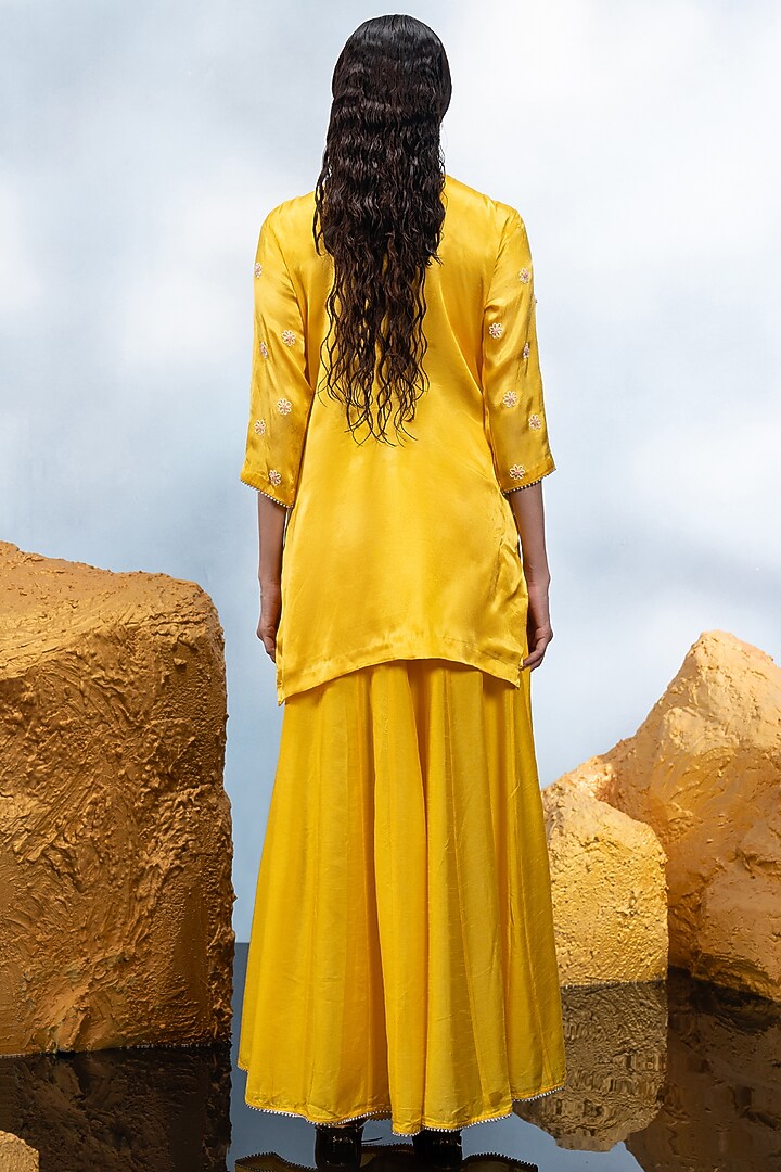 Yellow Dupion Silk Tiered Wedding Sharara Set by Mona & Vishu at Pernia's Pop Up Shop