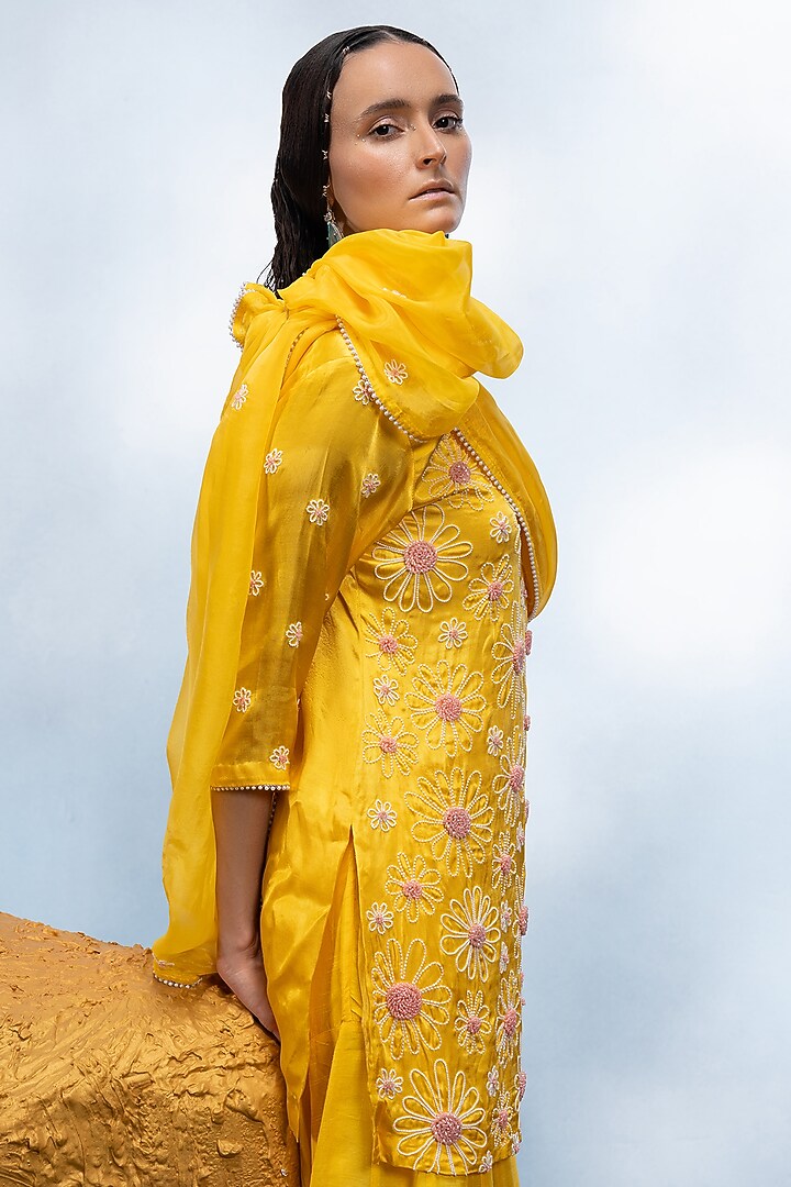 Yellow Dupion Silk Tiered Wedding Sharara Set by Mona & Vishu at Pernia's Pop Up Shop