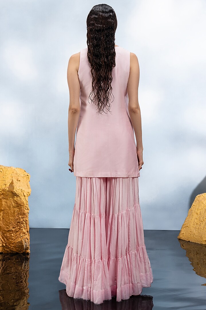 Pastel Pink Dupion Silk Tiered Wedding Sharara Set  by Mona & Vishu at Pernia's Pop Up Shop