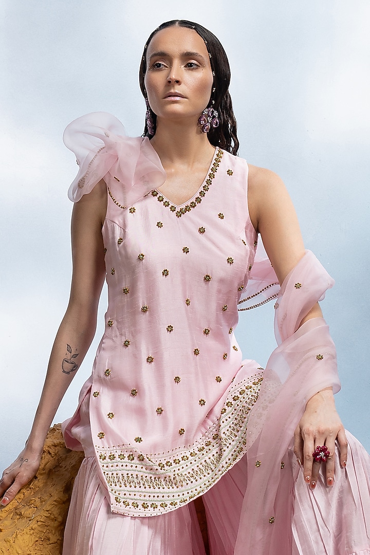Pastel Pink Dupion Silk Tiered Wedding Sharara Set  by Mona & Vishu at Pernia's Pop Up Shop