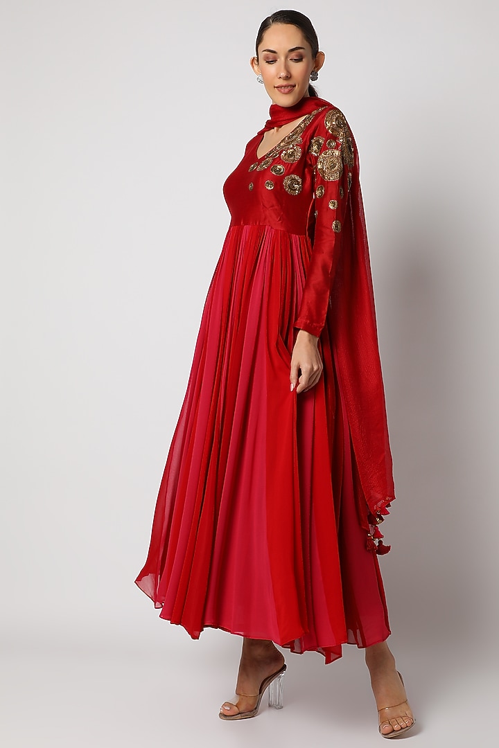Red Embroidered Flared Wedding Anarkali Set by Mona & Vishu at Pernia's Pop Up Shop