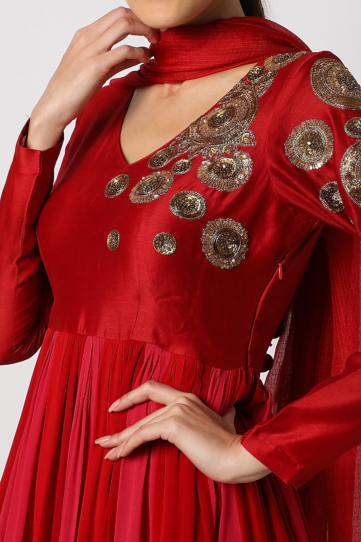 Red Embroidered Flared Wedding Anarkali Set by Mona & Vishu at Pernia's Pop Up Shop