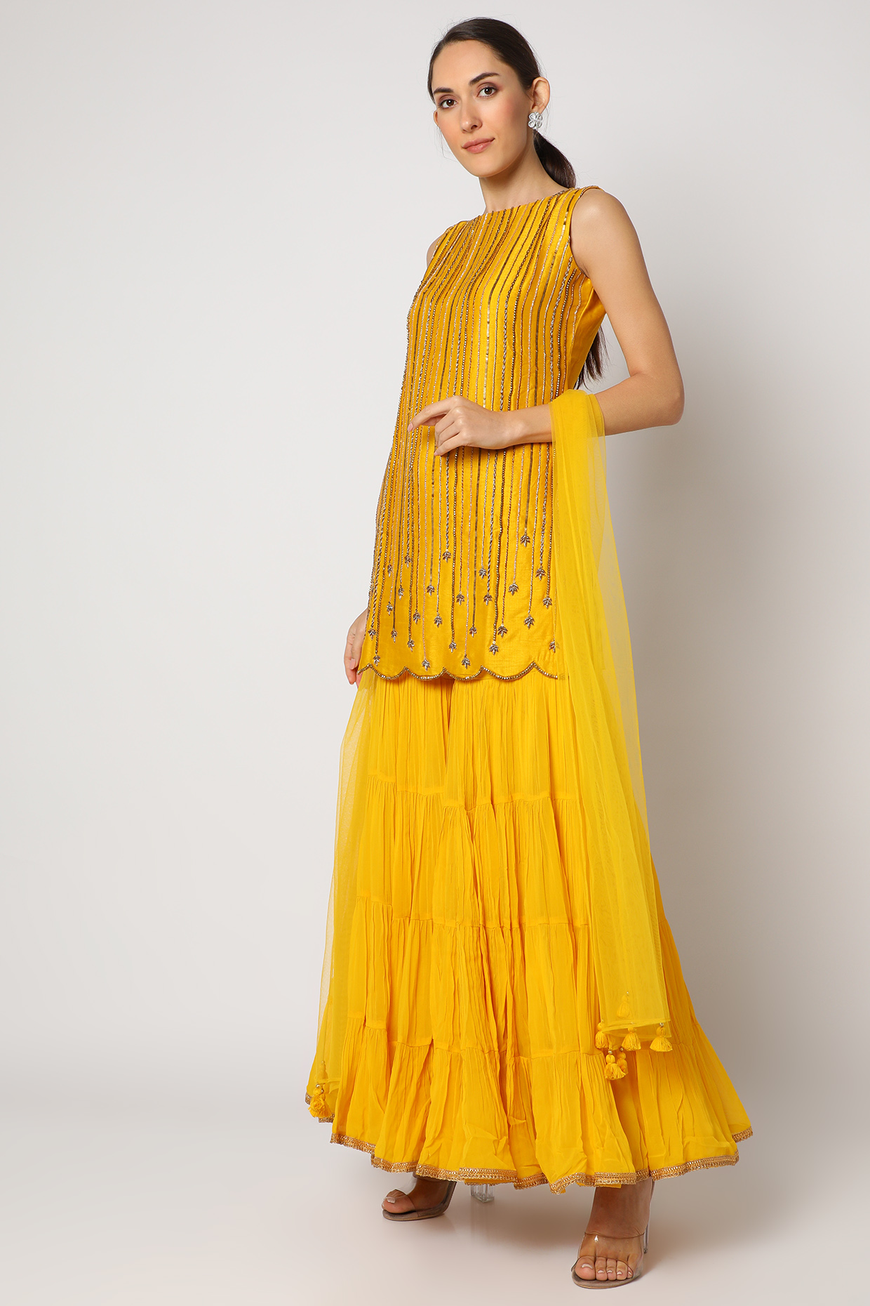 Yellow Hand Embroidered Wedding Sharara Set by Mona & Vishu at Pernia's Pop Up Shop