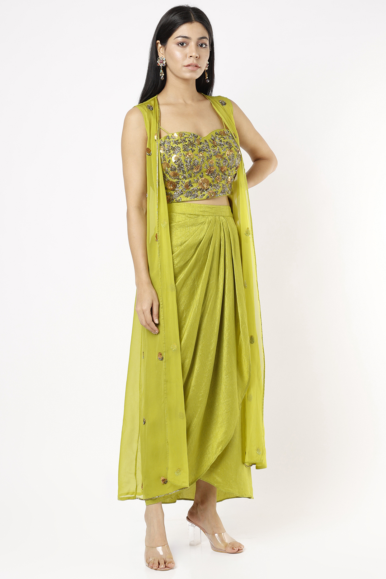 Lime Hand Embroidered Jacket Set by Mona & Vishu at Pernia's Pop Up Shop