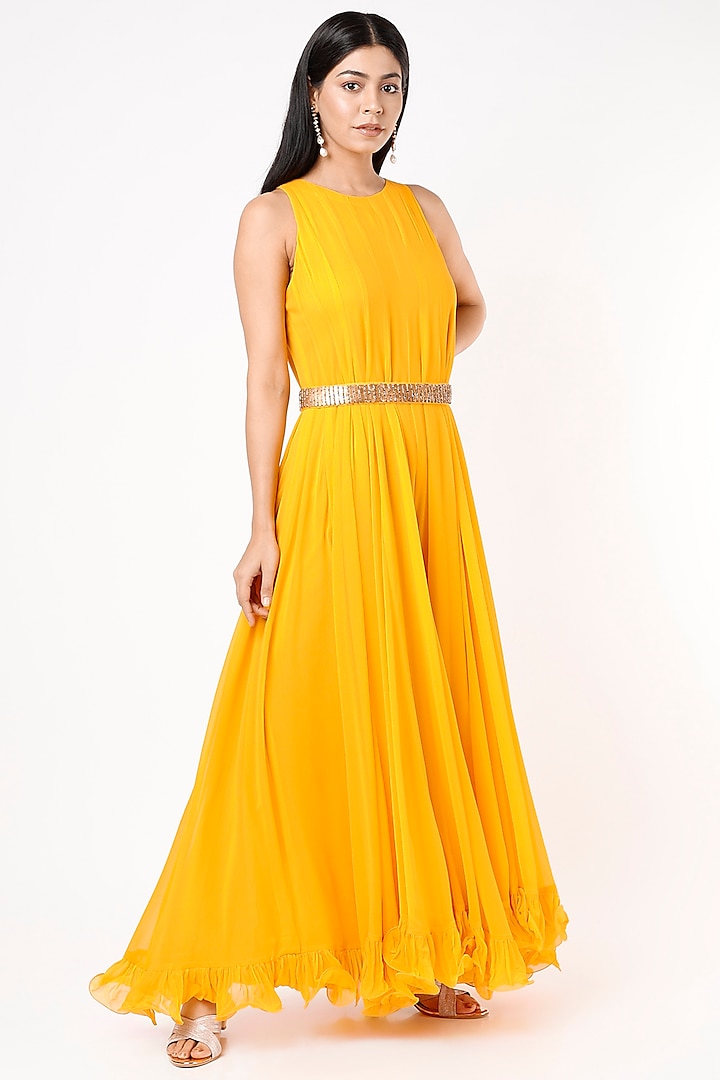 Yellow Georgette Jumpsuit by Mona & Vishu