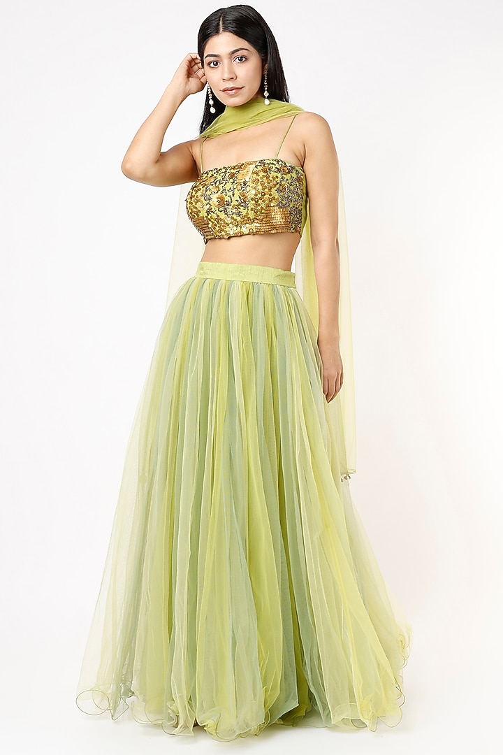 Lime Tulle Wedding Lehenga Set by Mona & Vishu at Pernia's Pop Up Shop