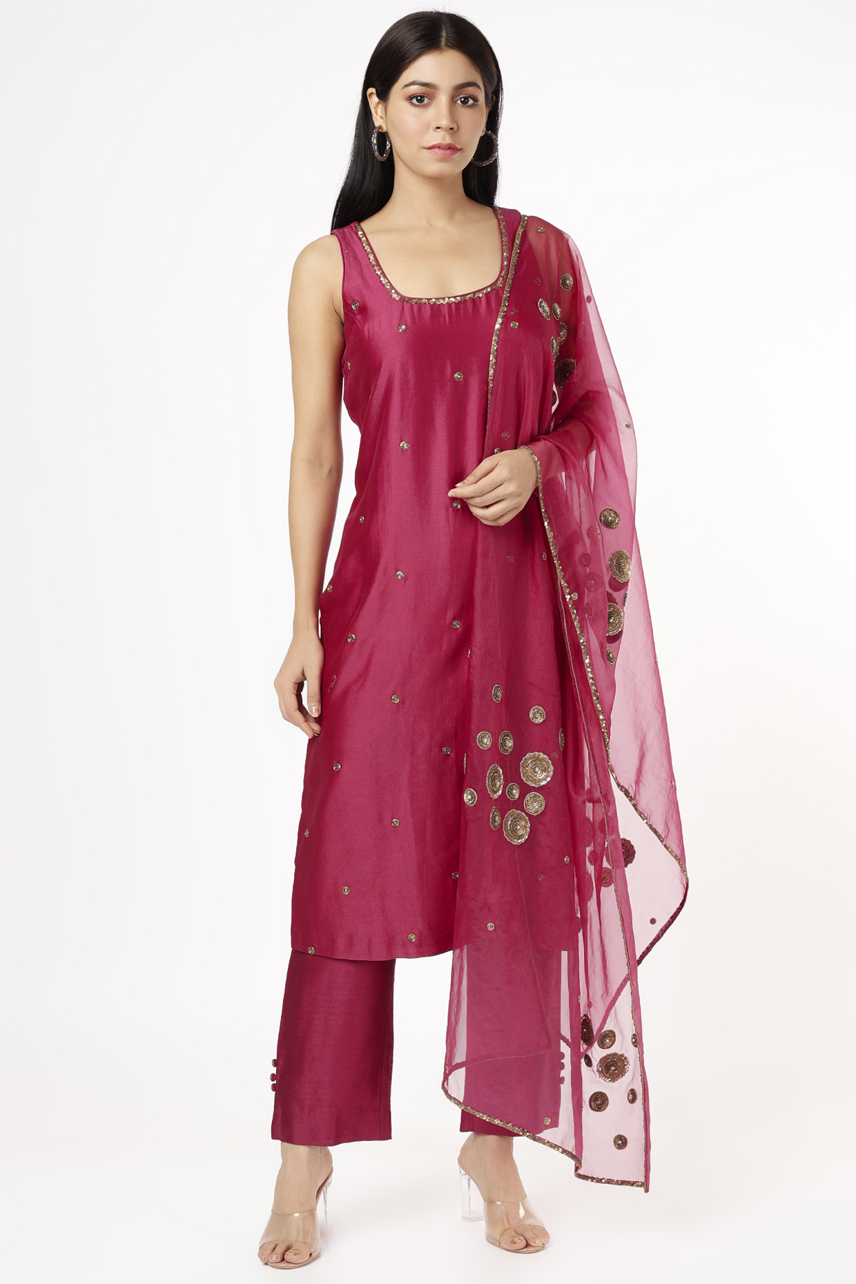Magenta Dupion Silk Kurta Set by Mona & Vishu at Pernia's Pop Up Shop