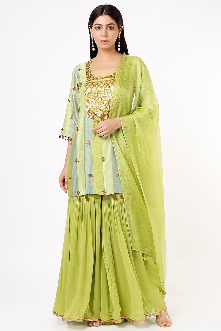 Lime Sharara Set In Dupion Silk by Mona & Vishu