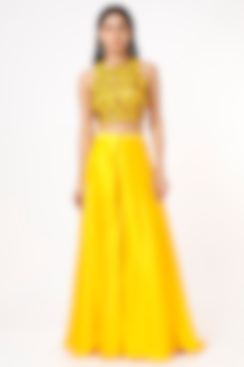 Bright Yellow Dupion Silk Flap Palazzo Pant Set by Mona & Vishu