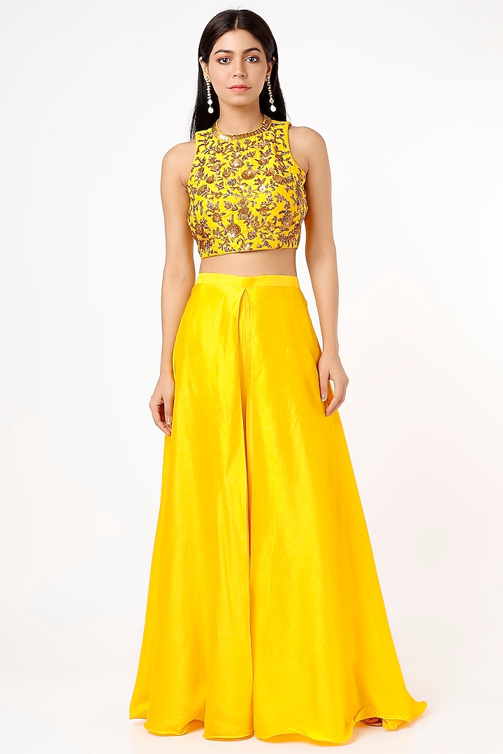 Bright Yellow Dupion Silk Flap Palazzo Pant Set by Mona & Vishu
