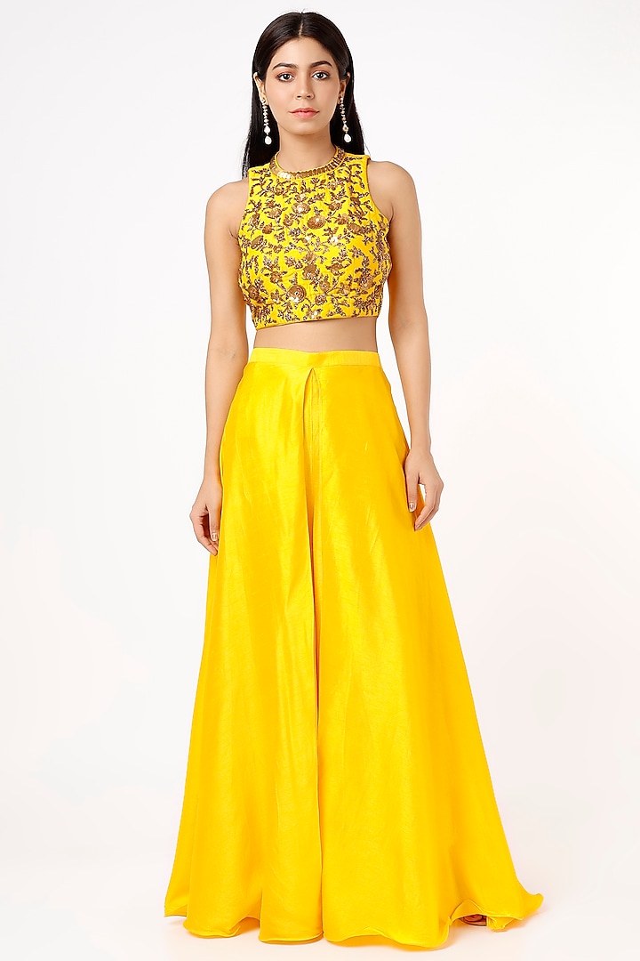 Bright Yellow Dupion Silk Flap Palazzo Pant Set by Mona & Vishu at Pernia's Pop Up Shop