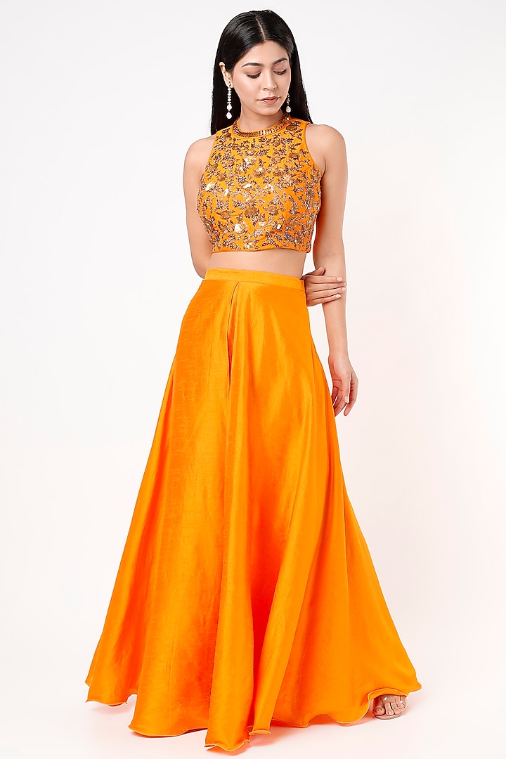 Orange Dupion Silk Pant Set by Mona & Vishu