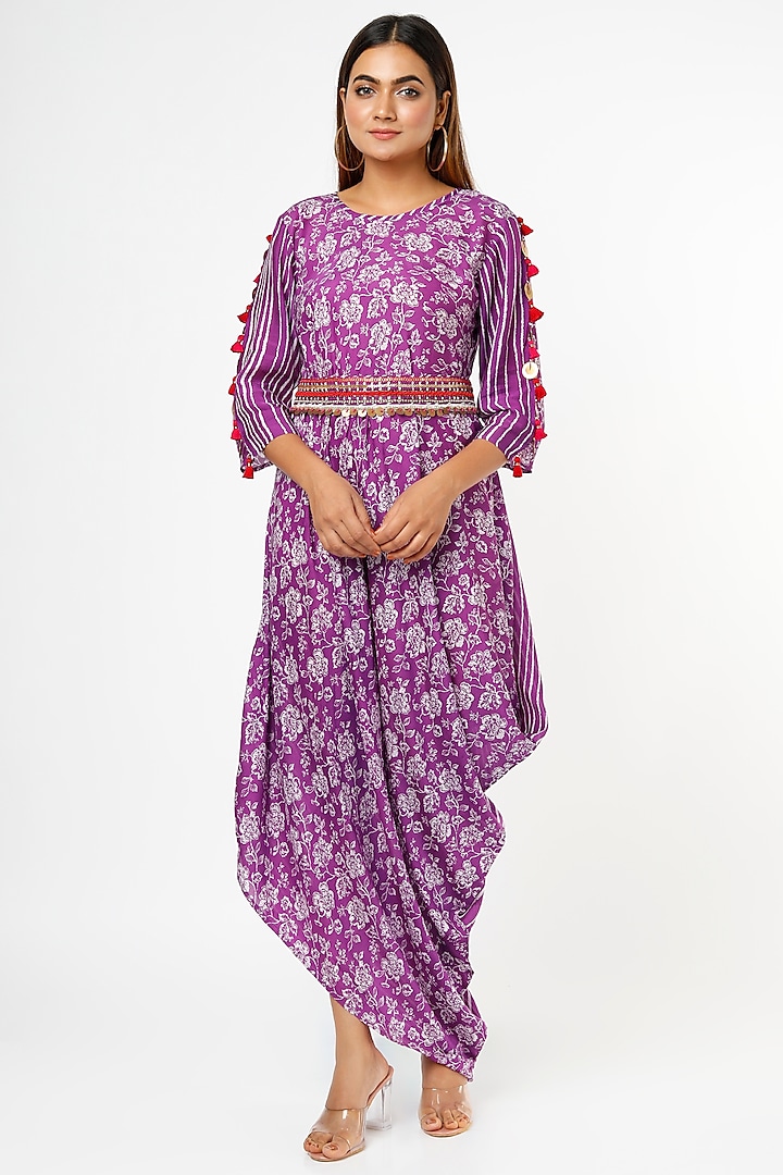 Purple Floral Printed Cowl Dress by Mona & Vishu