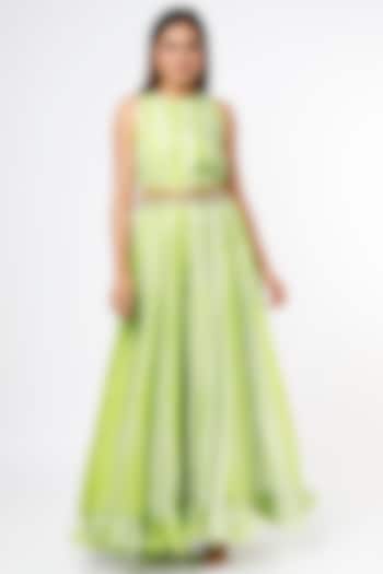 Lime Flared Jumpsuit With Hand Embroidered Belt by Mona & Vishu
