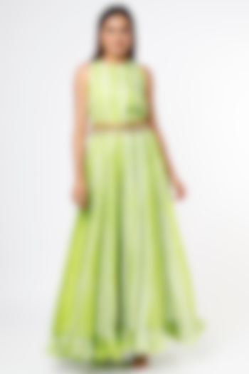 Lime Flared Jumpsuit With Hand Embroidered Belt by Mona & Vishu