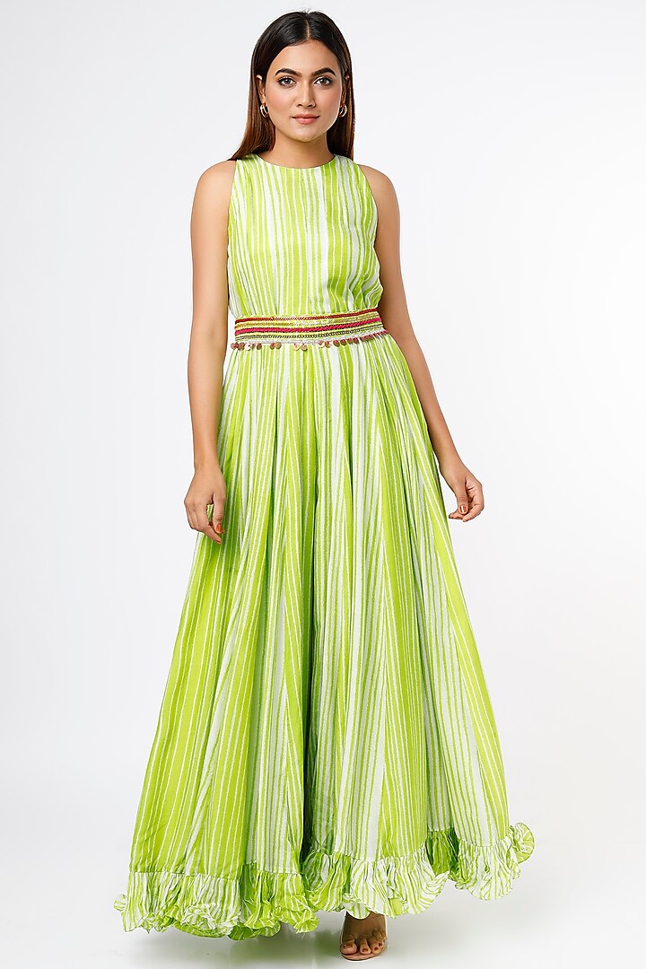 Lime Flared Jumpsuit With Hand Embroidered Belt by Mona & Vishu