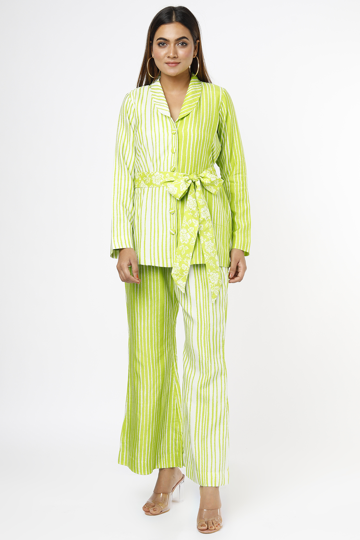 Lime Muslin Satin Blazer Set by Mona & Vishu at Pernia's Pop Up Shop