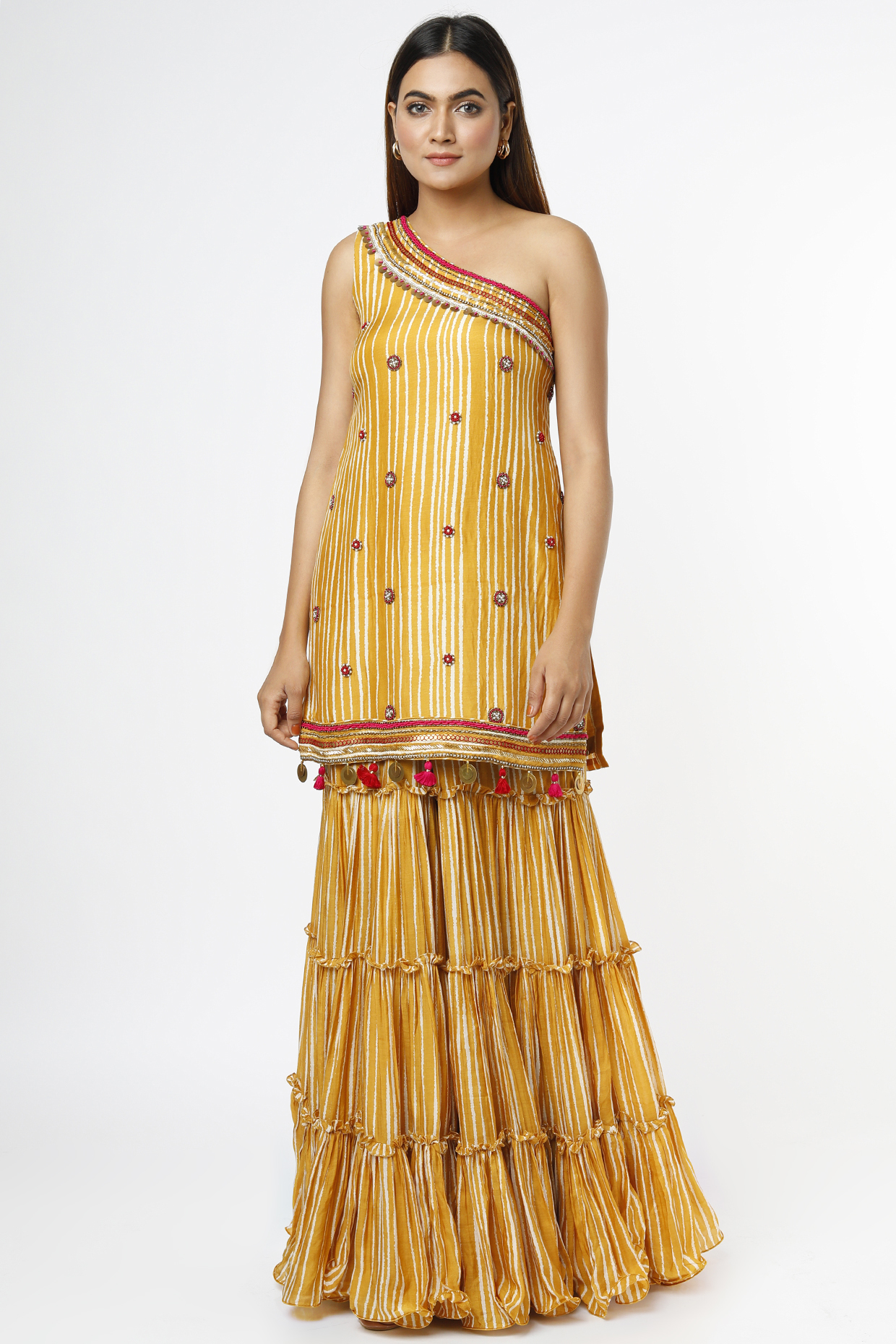 Mustard Tiered Wedding Sharara Set by Mona & Vishu at Pernia's Pop Up Shop