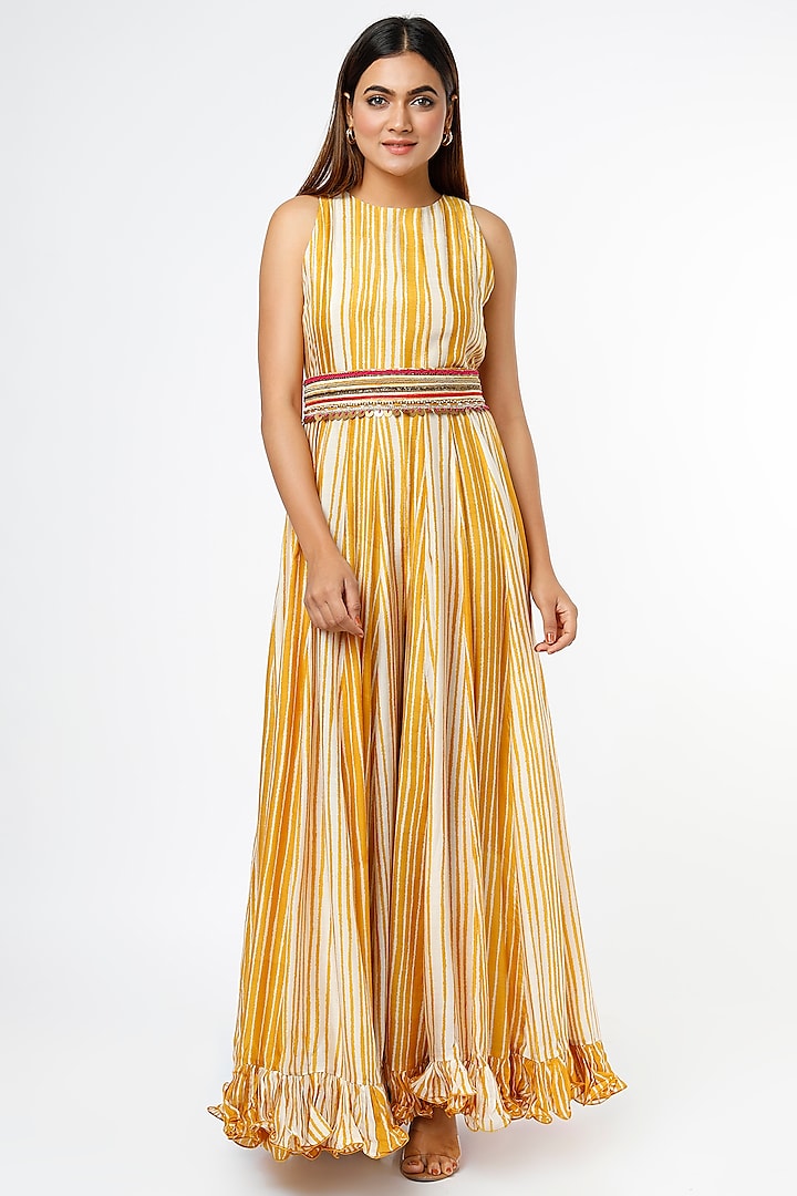 Mustard Flared Jumpsuit With Hand Embroidered Belt by Mona & Vishu