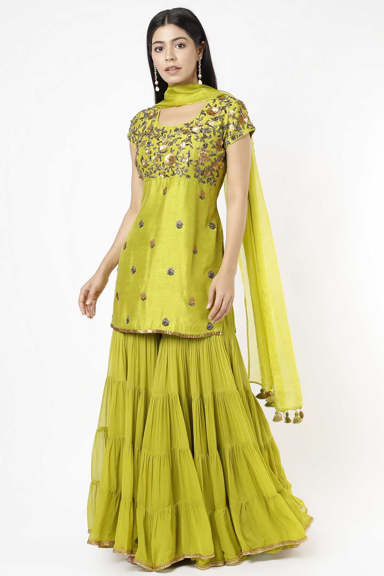 Green Georgette Sharara Set by Mona & Vishu at Pernia's Pop Up Shop