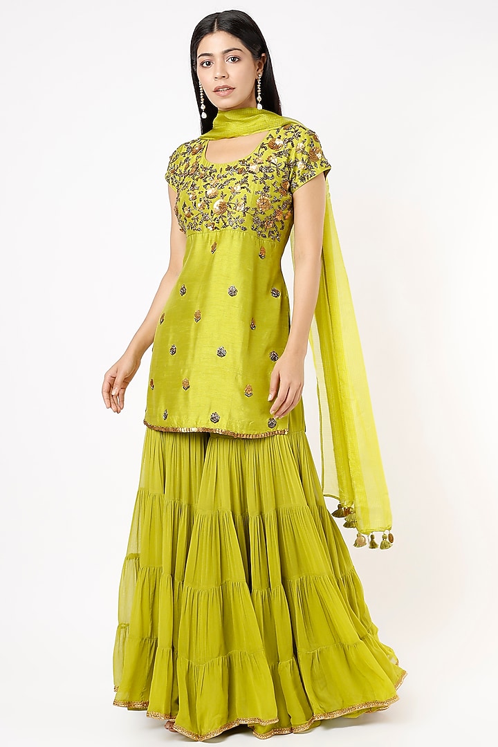 Green Georgette Sharara Set by Mona & Vishu at Pernia's Pop Up Shop