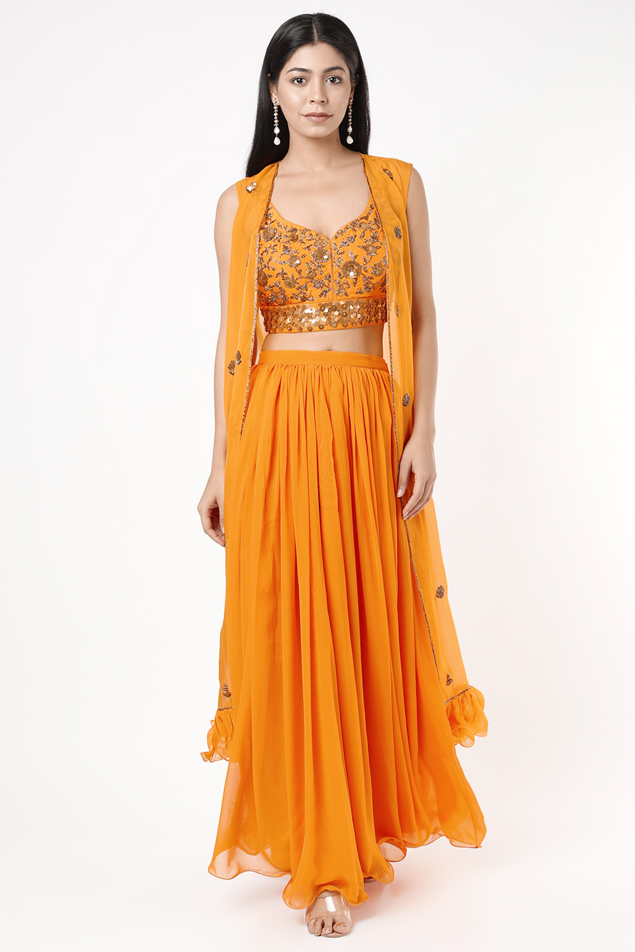 Orange Organza Jacket Set by Mona & Vishu