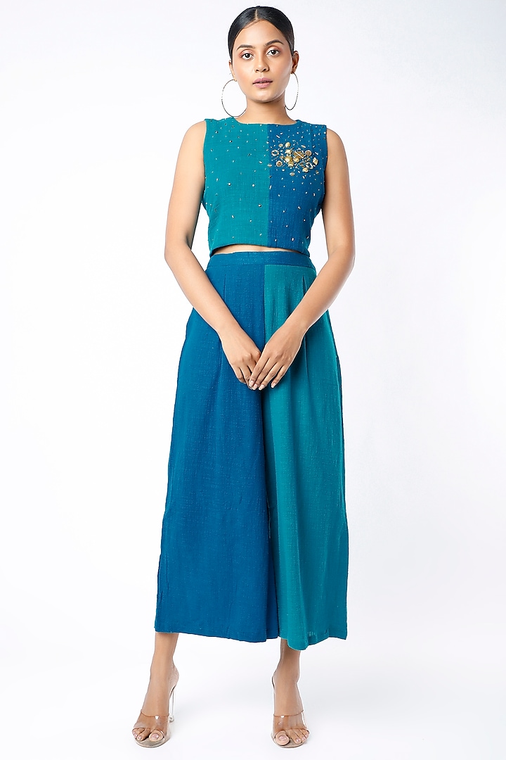 Turquoise & Cobalt Blue Organic Cotton Pant Set by Mona & Vishu