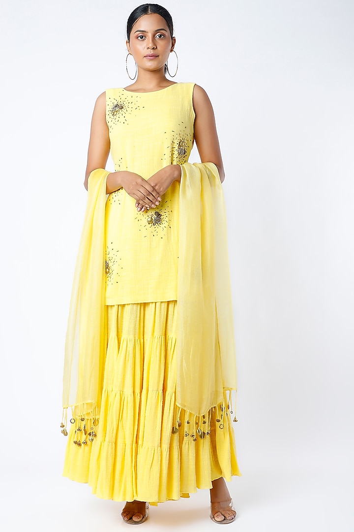 Yellow Organic Cotton & Kota Silk Tiered Sharara Set by Mona & Vishu
