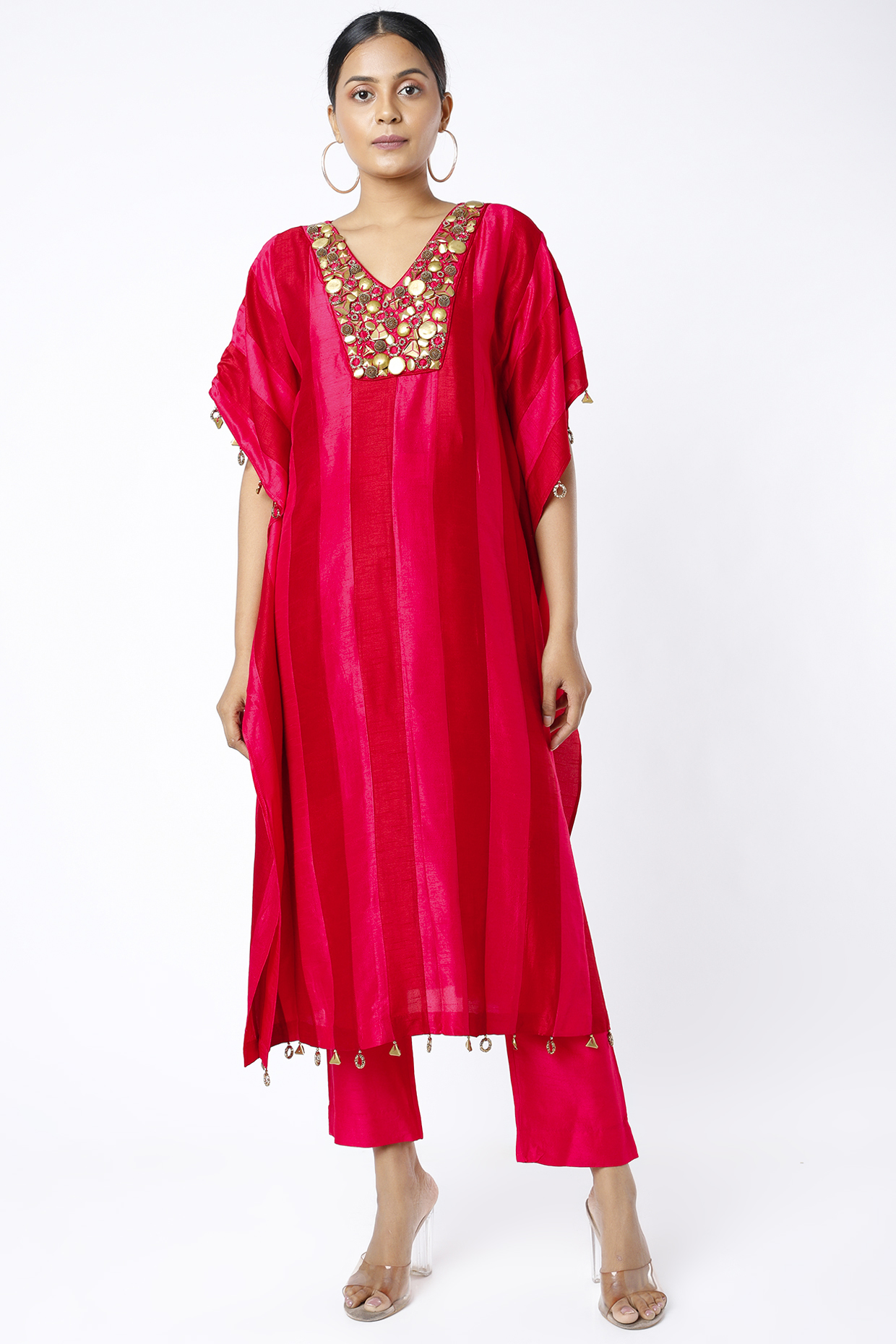 Red & Neon Fuchsia Embellished Kaftan Set by Mona & Vishu at Pernia's Pop Up Shop