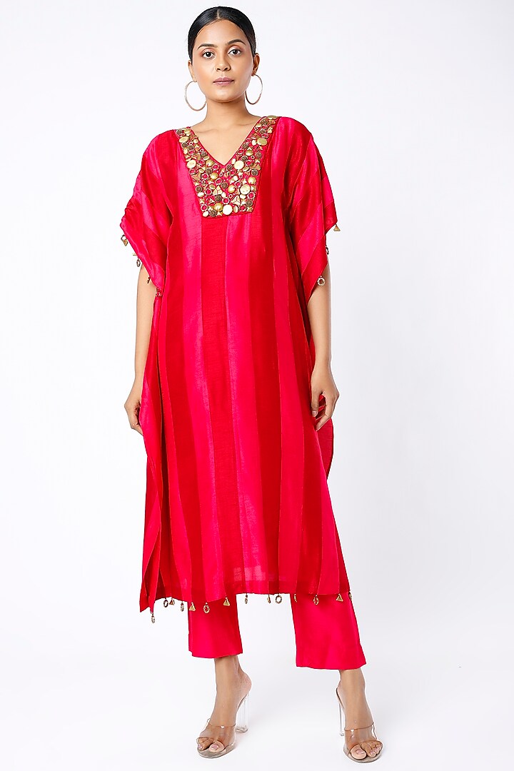 Red & Neon Fuchsia Embellished Kaftan Set by Mona & Vishu at Pernia's Pop Up Shop