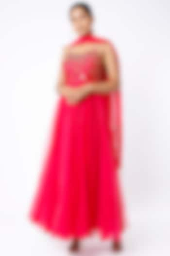 Neon Fuchsia Embellished Anarkali Set by Mona & Vishu at Pernia's Pop Up Shop