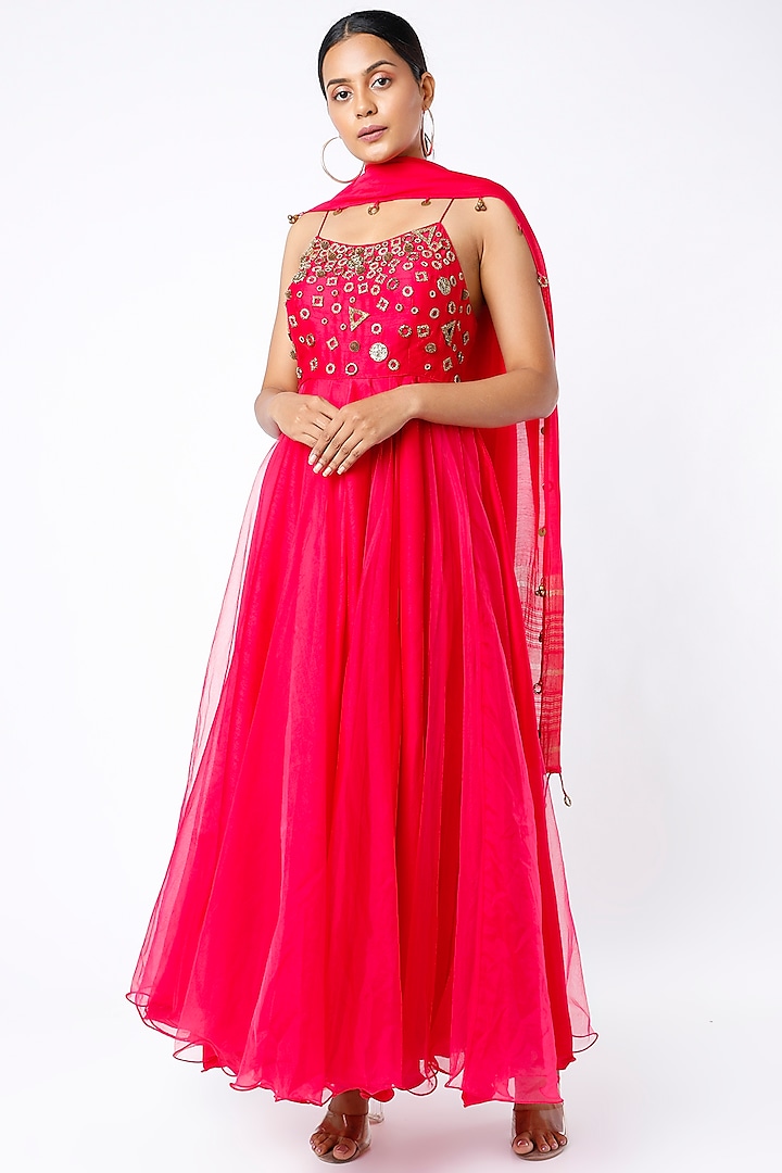 Neon Fuchsia Embellished Anarkali Set by Mona & Vishu at Pernia's Pop Up Shop