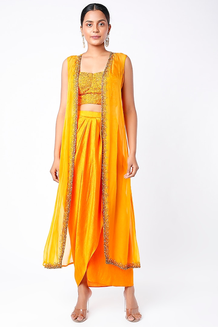 Orange Dupion Silk & Organza Draped Skirt Set by Mona & Vishu