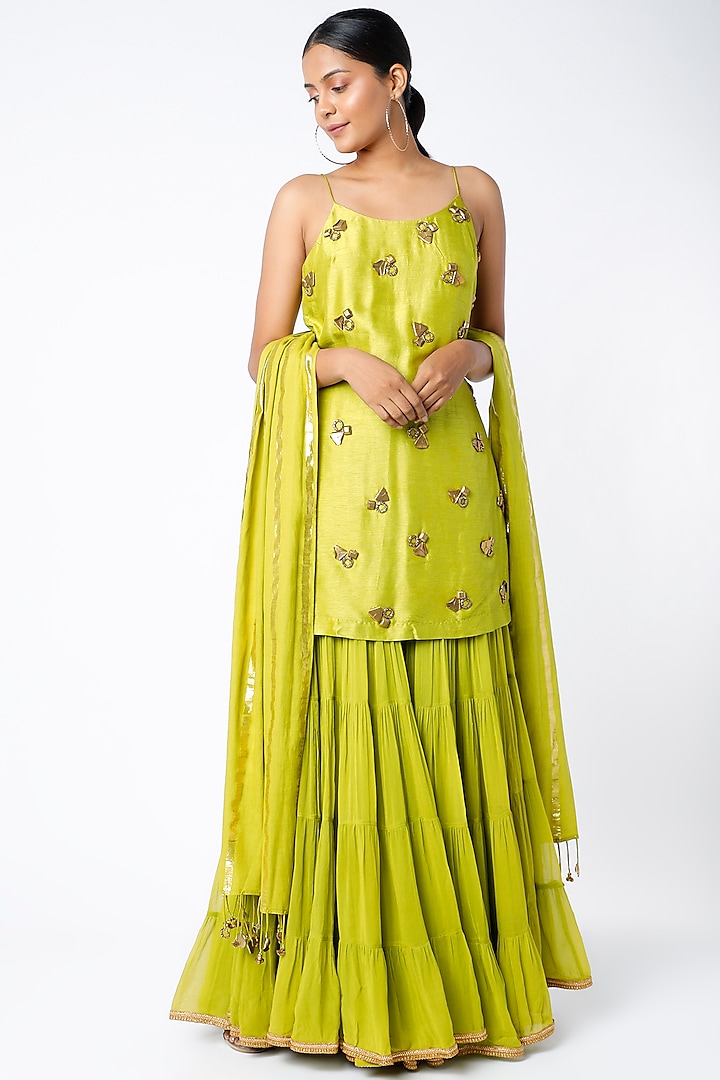 Lime Green Mulmul Tiered Sharara Set by Mona & Vishu