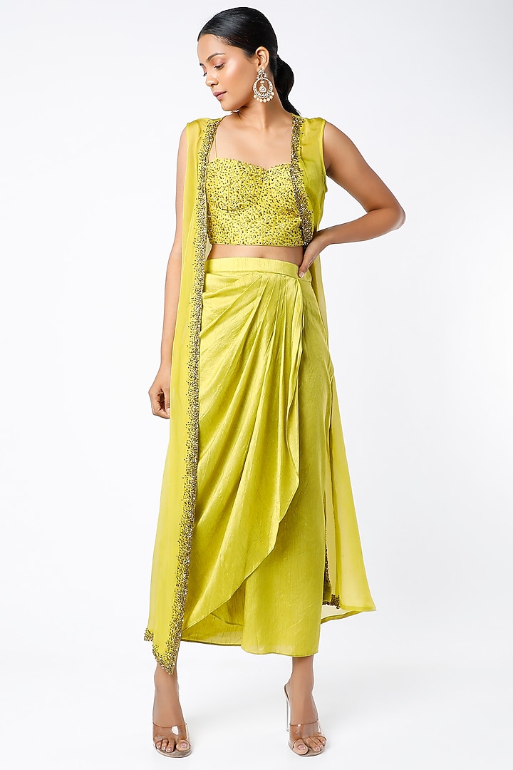 Lime Draped Skirt Set by Mona & Vishu