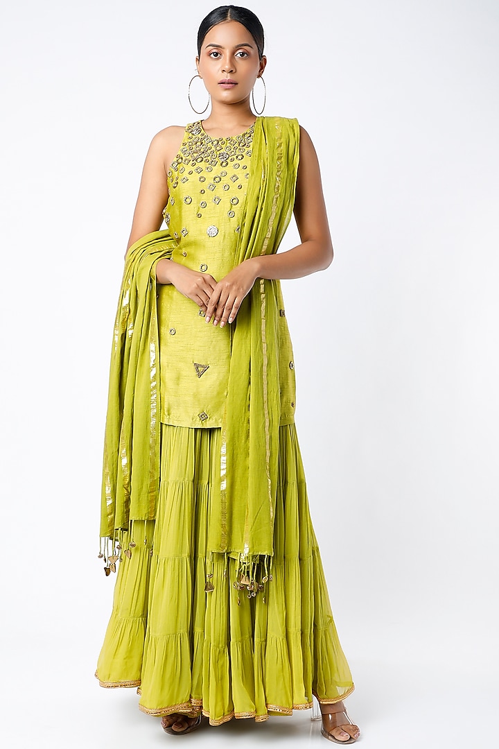 Lime Dupion Silk Tiered Sharara Set by Mona & Vishu at Pernia's Pop Up Shop