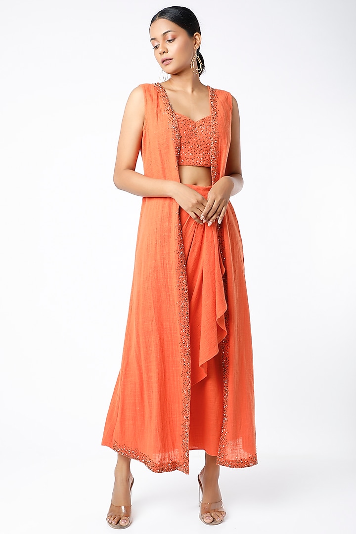 Orange Draped Skirt Set by Mona & Vishu