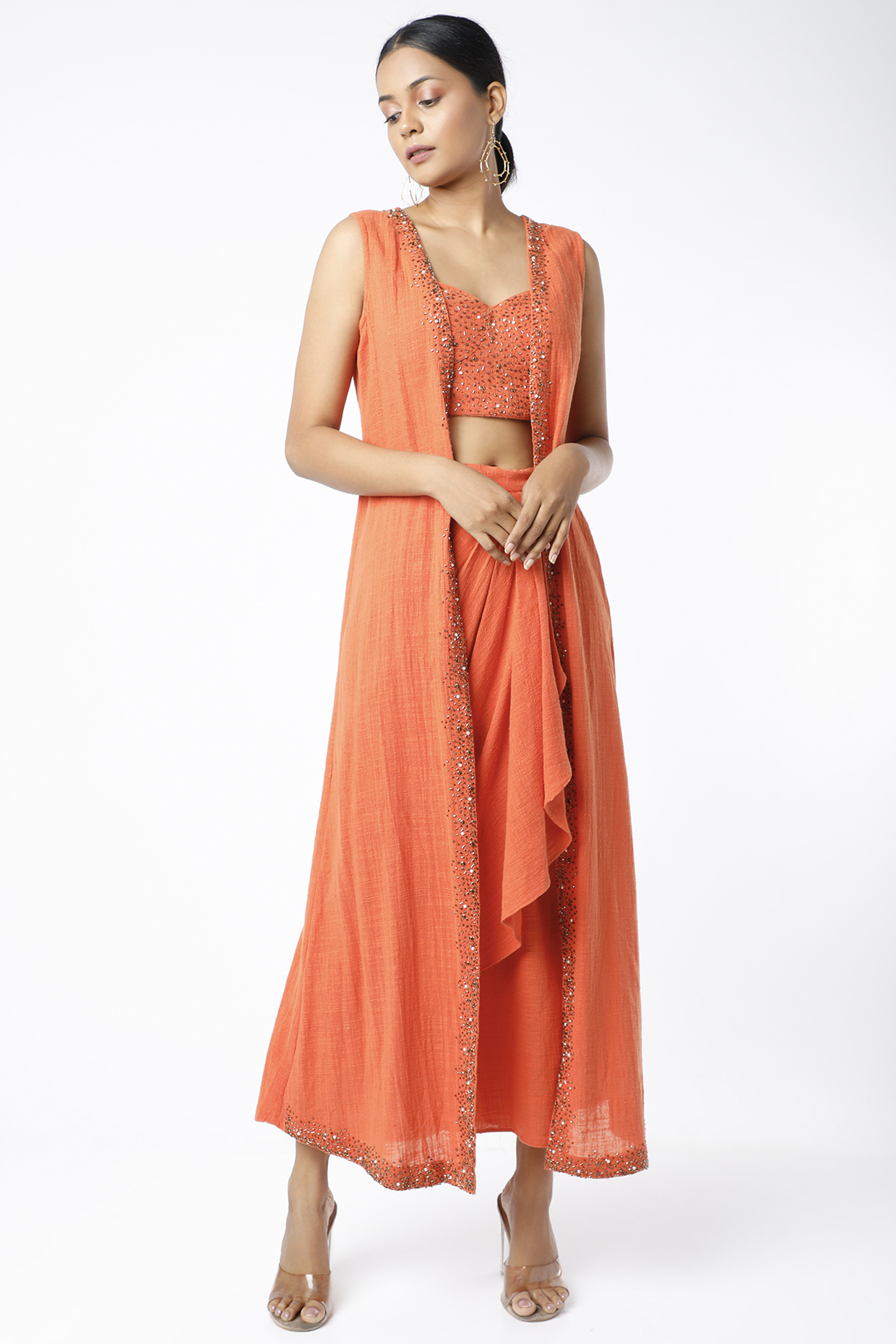 Orange Draped Skirt Set by Mona & Vishu at Pernia's Pop Up Shop