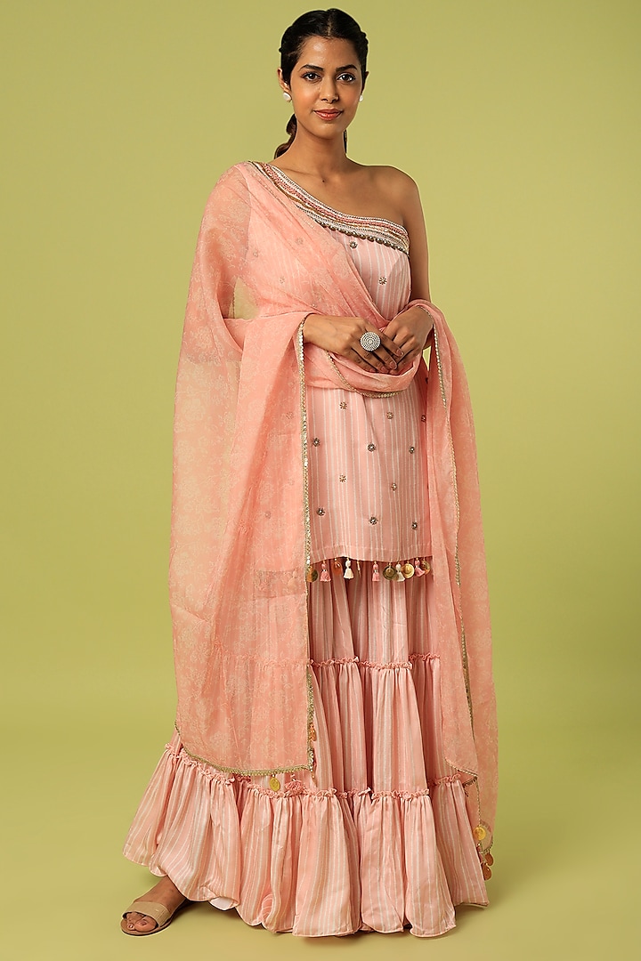 Dusty Rose Modal Satin Sharara Set by Mona & Vishu
