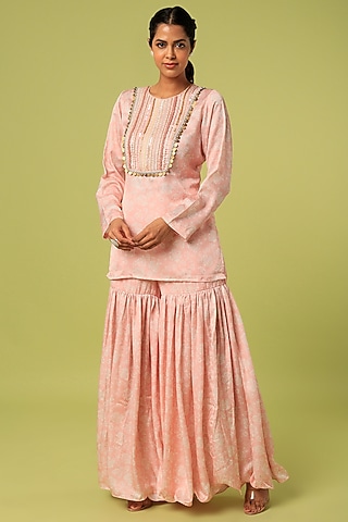 Peach Modal Satin Sharara Set by Mona & Vishu