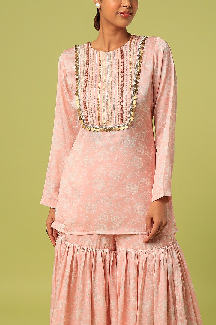 Peach Modal Satin Party Wear Sharara Set by Mona & Vishu at Pernia's Pop Up Shop