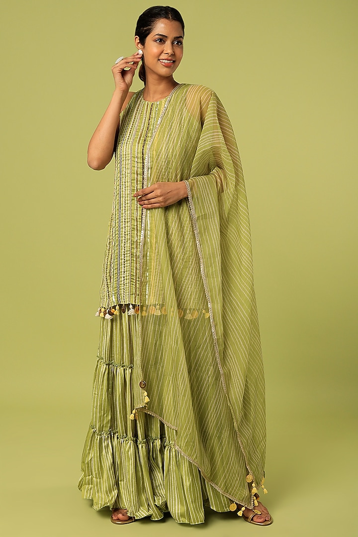 Olive Green Modal Satin Sharara Set by Mona & Vishu