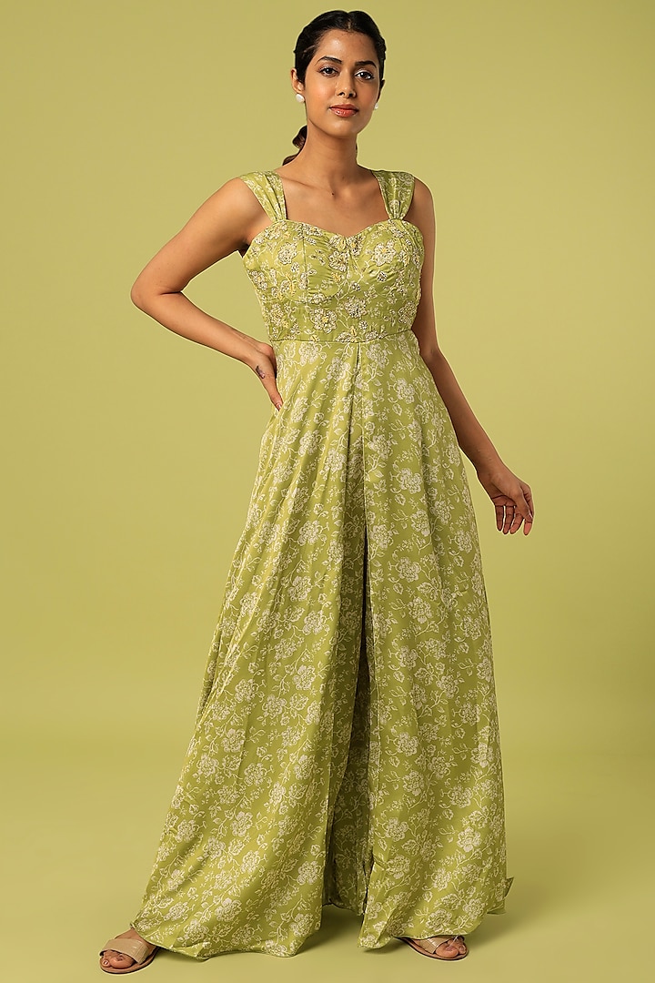 Green Hand Embroidered Jumpsuit by Mona & Vishu