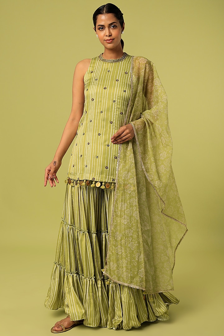 Green Modal Satin Sharara Set by Mona & Vishu