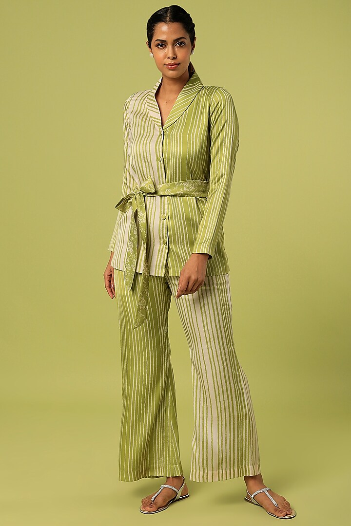 Green Modal Satin Printed Pant Set by Mona & Vishu