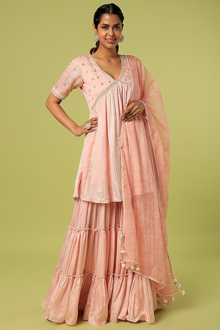 Peach Modal Satin Sharara Set by Mona & Vishu at Pernia's Pop Up Shop