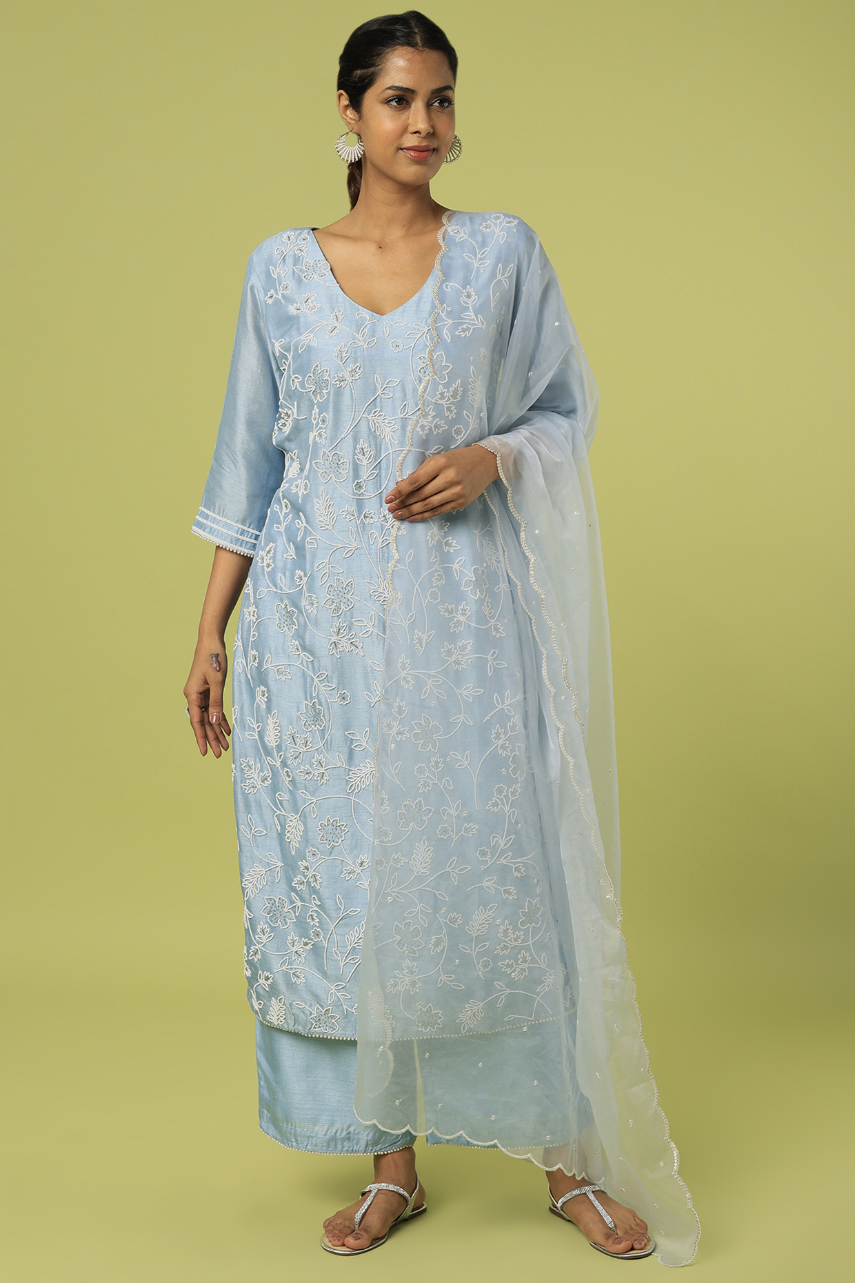 Shop Powder Blue Kurta Set With Organza Stole by VINTAGE LOOM at House of  Designers  HOUSE OF DESIGNERS