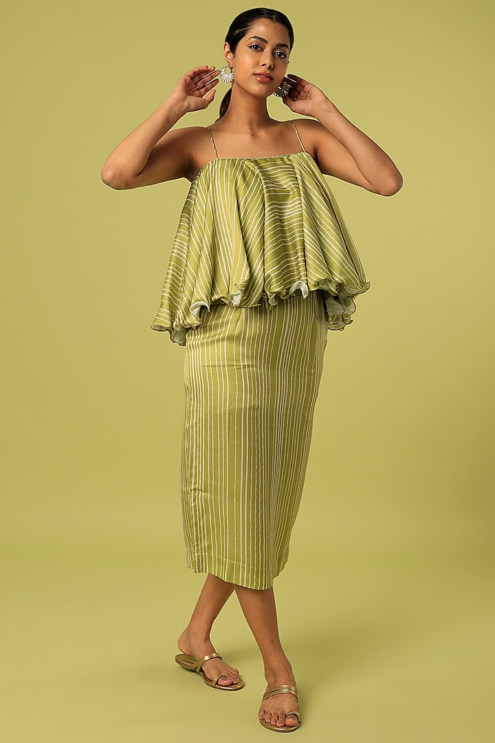 Green Modal Satin Skirt Set by Mona & Vishu
