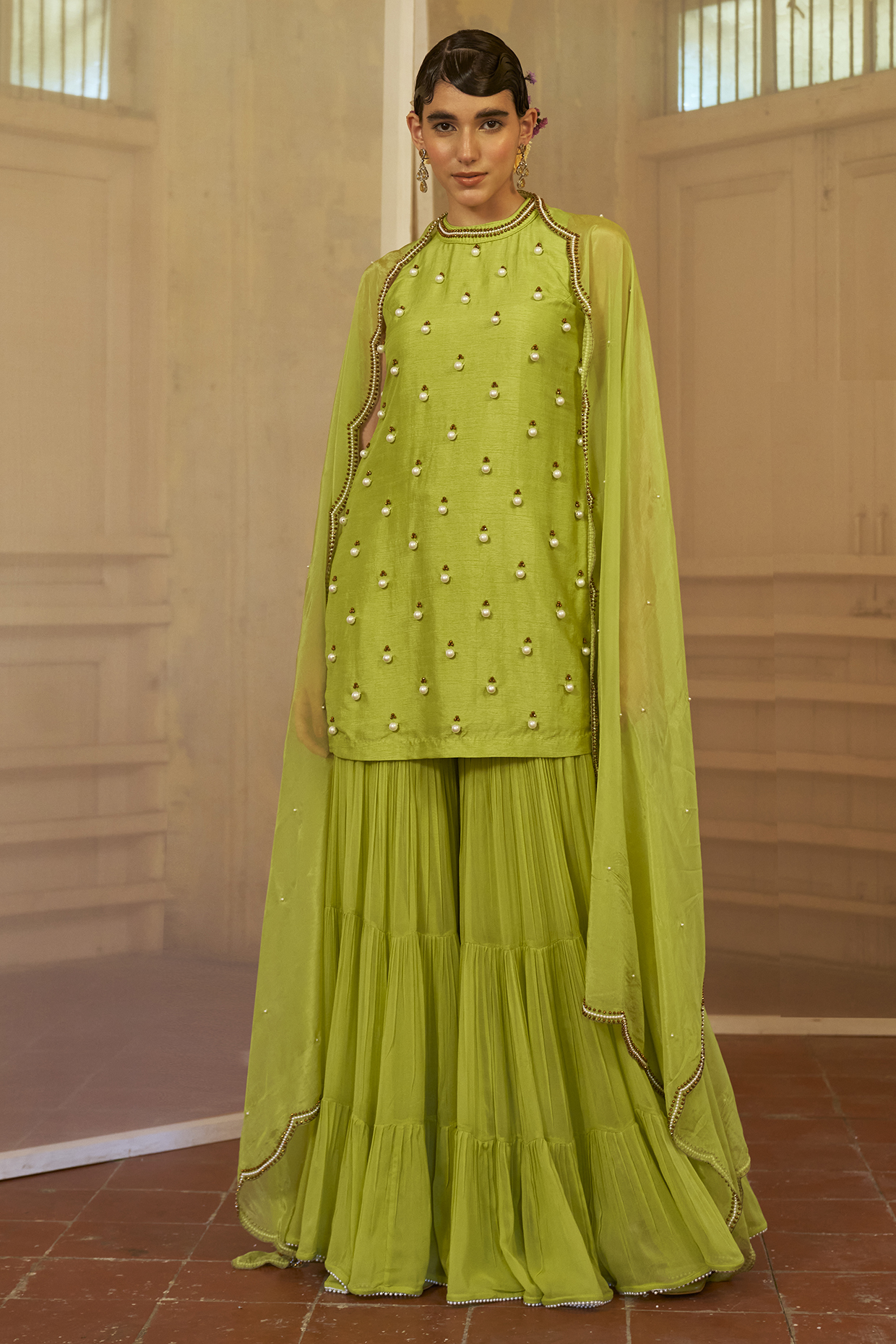 Lime Green Georgette Tiered Wedding Sharara Set by Mona & Vishu at Pernia's Pop Up Shop