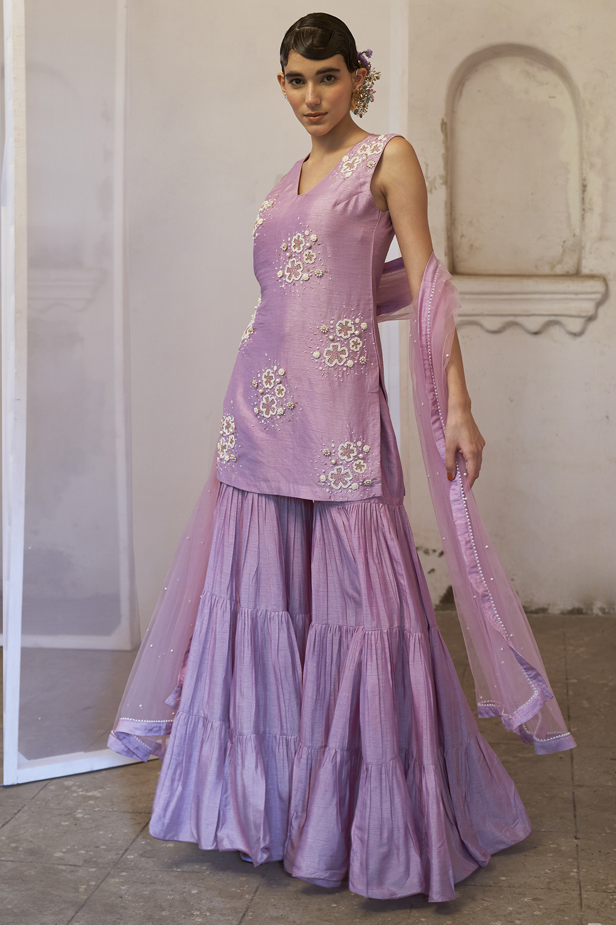 Lilac Dupion Silk Tiered Wedding Sharara Set by Mona & Vishu at Pernia's Pop Up Shop